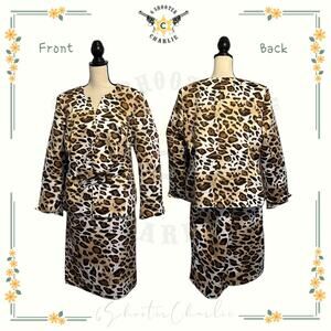 Women's Danillo Leopard Animal Print Belted Lined Skirt Suit Plus Size 16W Brown